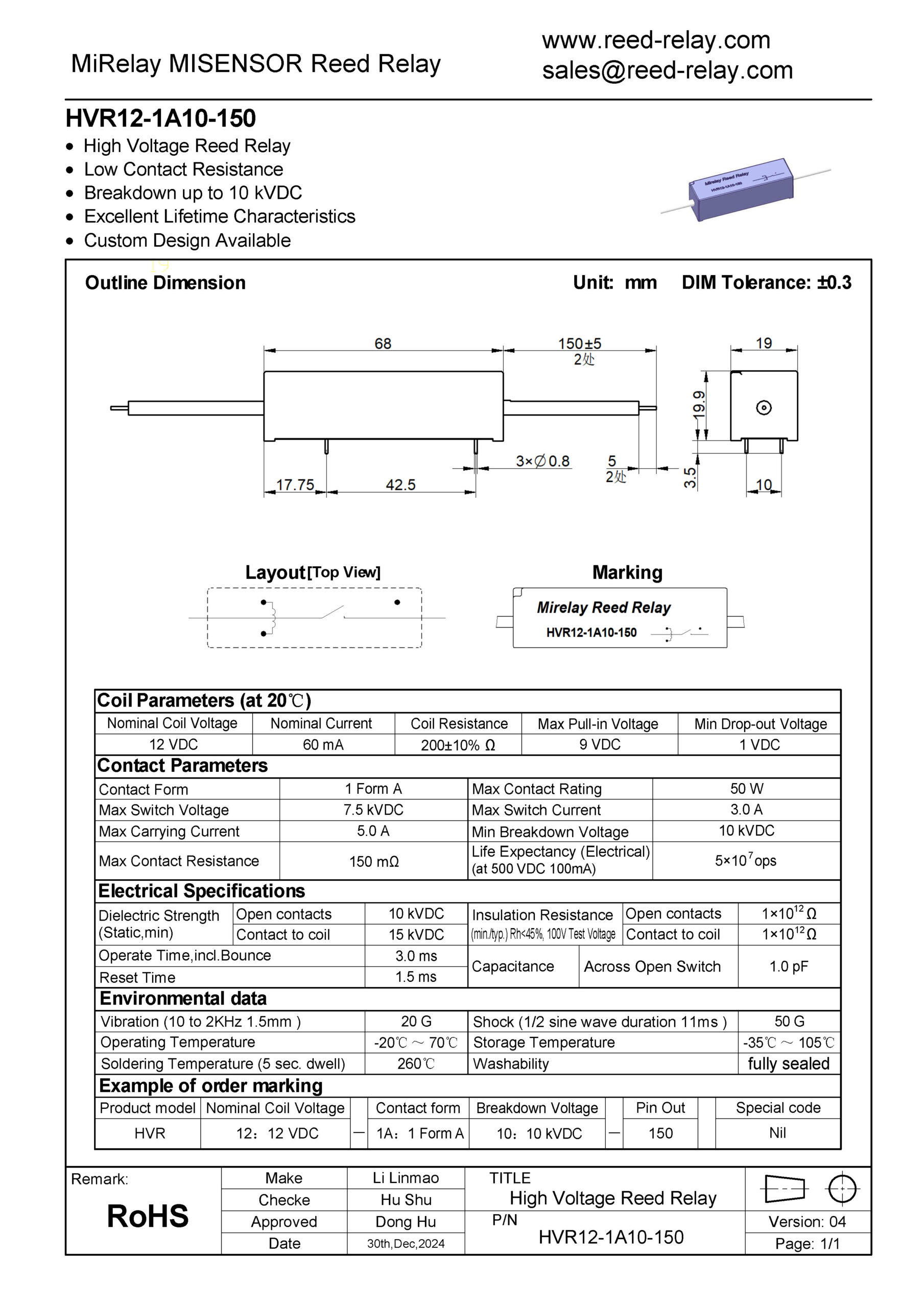 12 VDC coil voltage
1 Form A contact
10 kVDC breakdown voltage