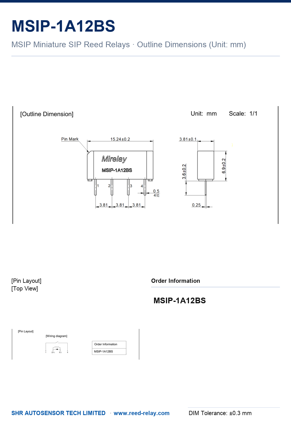 MSIP-1A12BS Miniature SIP Reed Relay